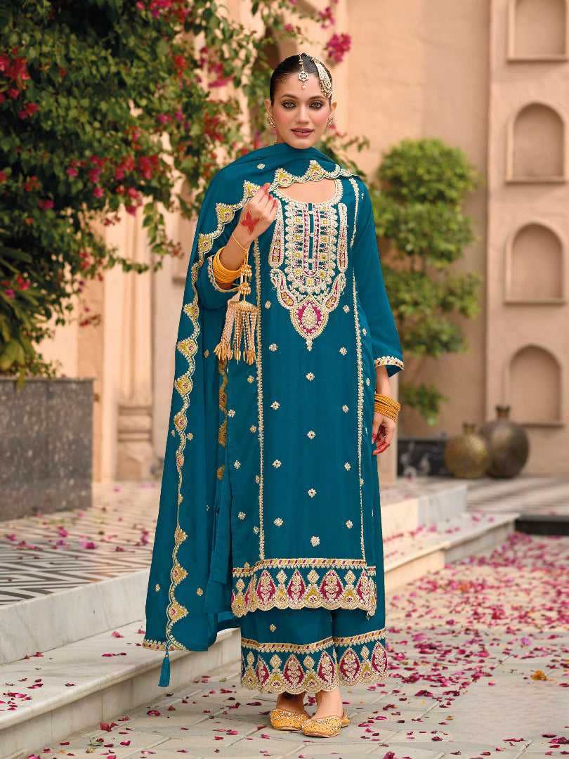 Anaita Teal Premium Embroidered Chiffon Salwar Suit - Distacart