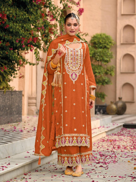 Anaita Orange Premium Embroidered Chiffon Salwar Suit