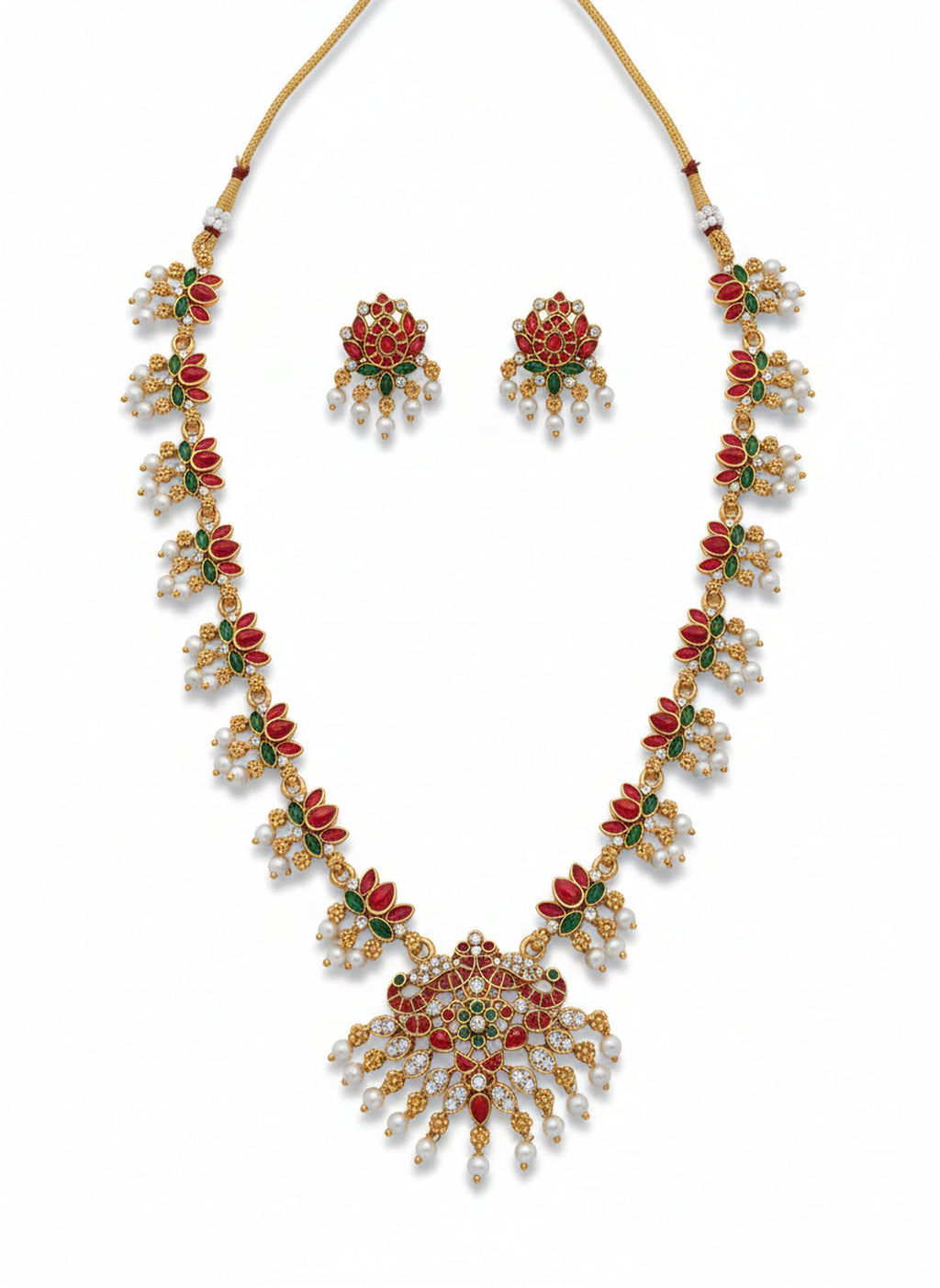 Jewel City Traditional Gold-Plated Red Green Pearl Necklace Set for Women | Ethnic Bridal Jewelry
