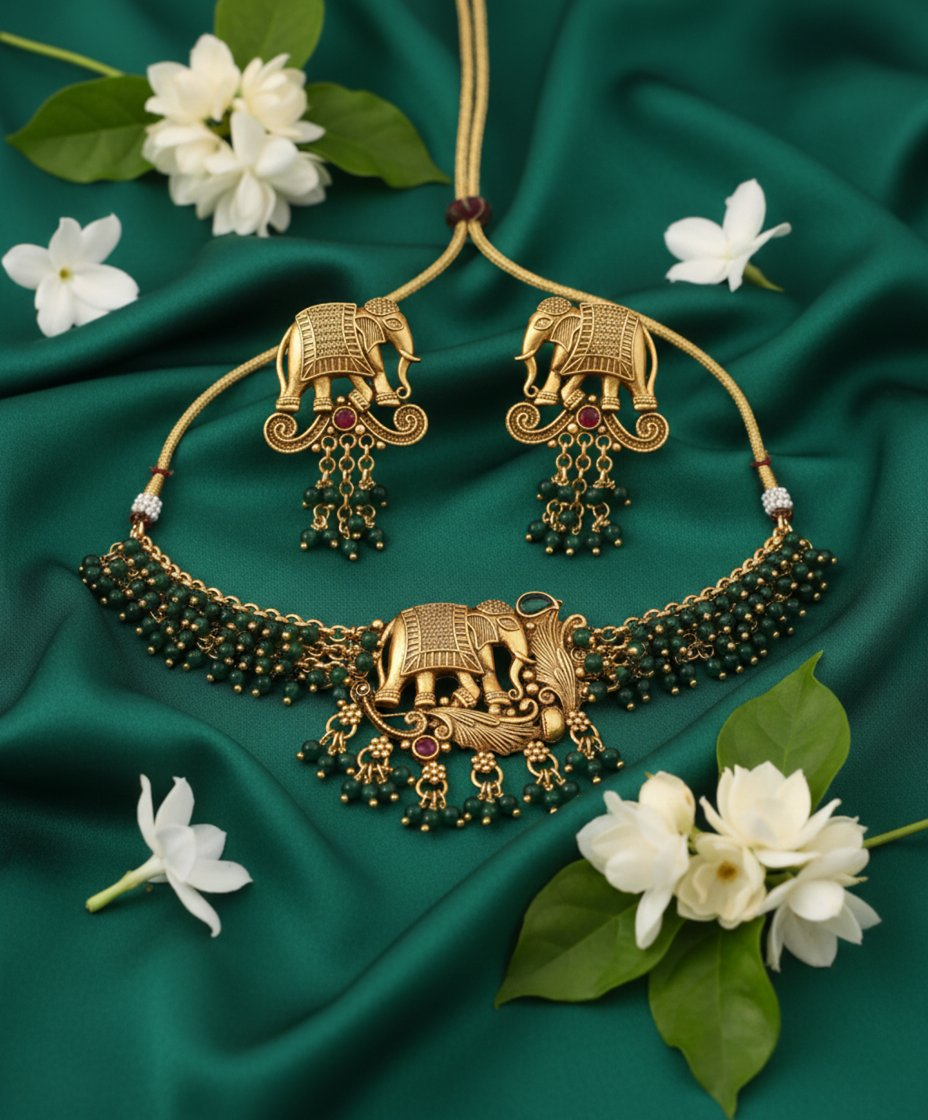 Jewel City Exquisite Handcrafted Elephant Motif Green Jewelry Set - Where Tradition Meets Elegance