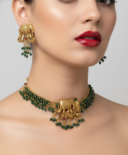 Jewel City Exquisite Handcrafted Elephant Motif Green Jewelry Set - Where Tradition Meets Elegance