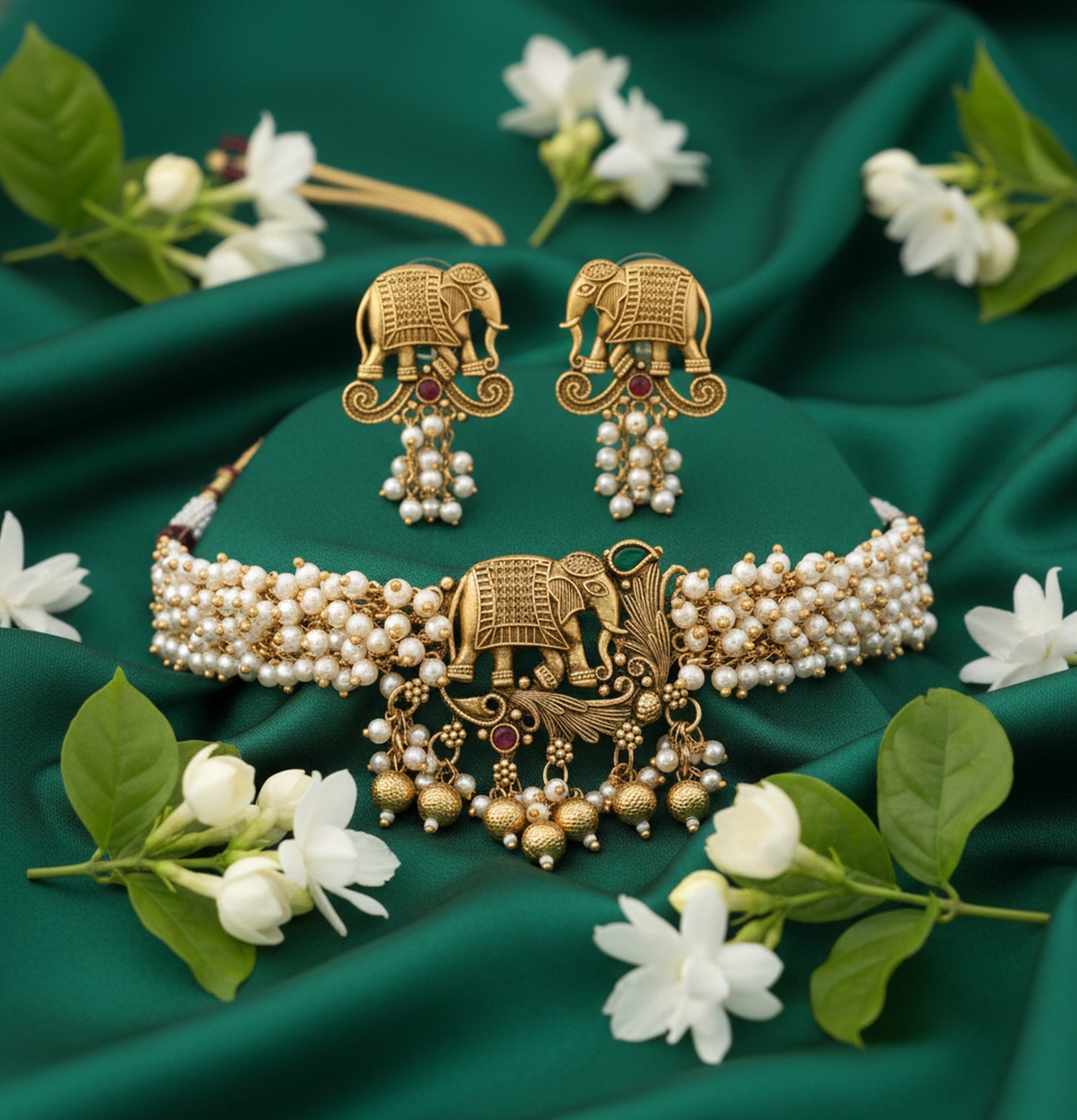 Jewel City Exquisite Handcrafted Elephant Motif White Pearl Jewelry Set - Where Tradition Meets Elegance
