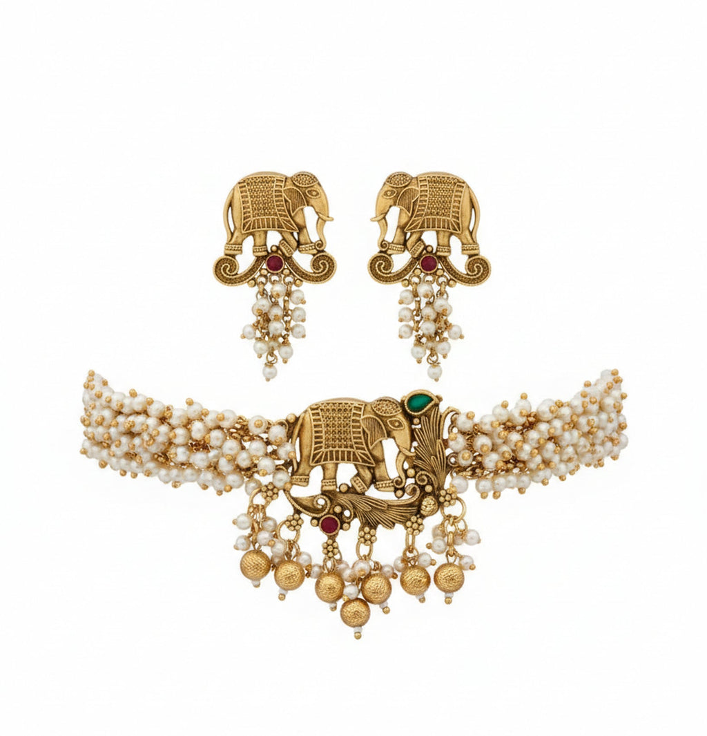 Jewel City Exquisite Handcrafted Elephant Motif White Pearl Jewelry Set - Where Tradition Meets Elegance