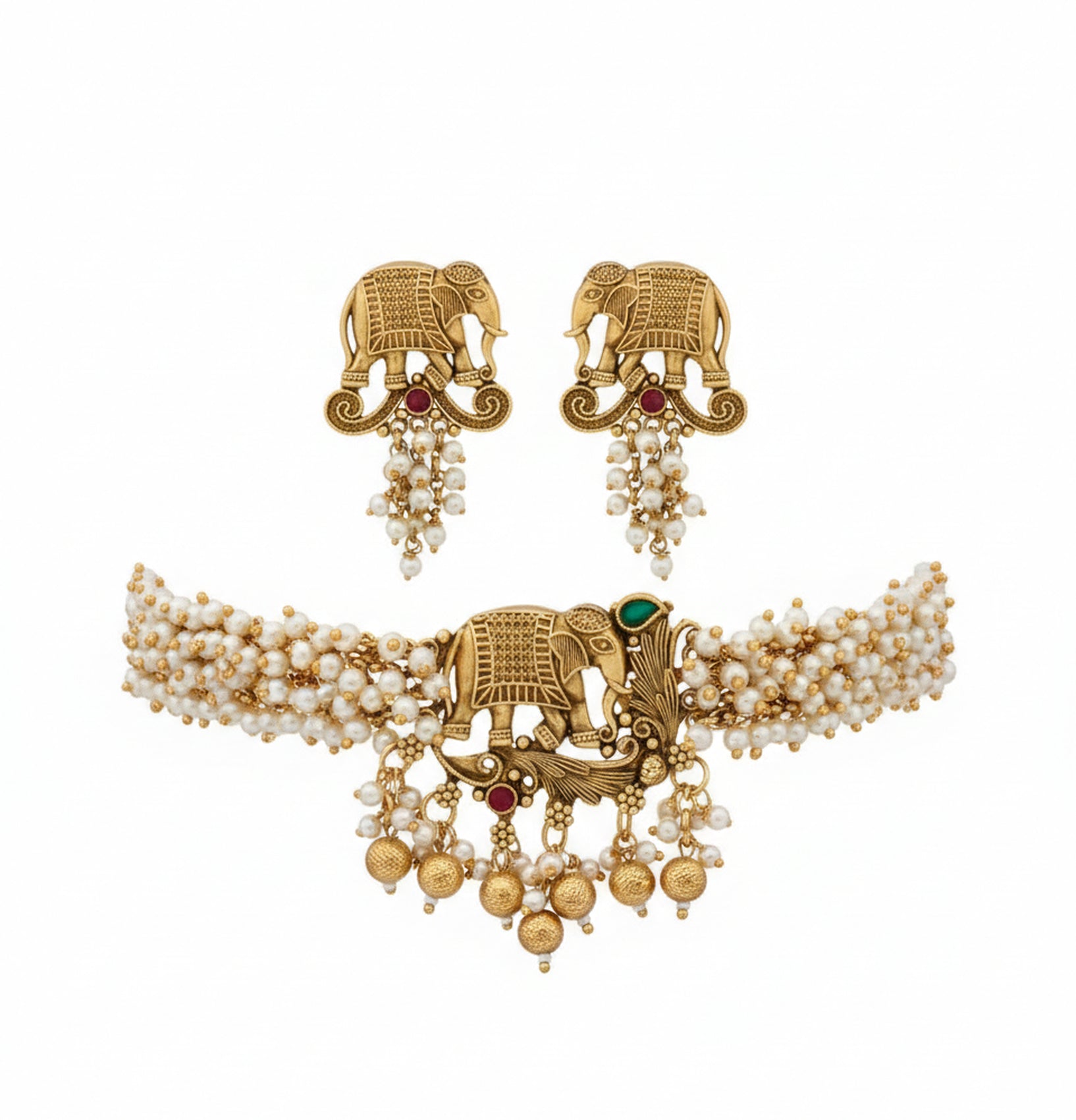 Jewel City Exquisite Handcrafted Elephant Motif White Pearl Jewelry Set - Where Tradition Meets Elegance