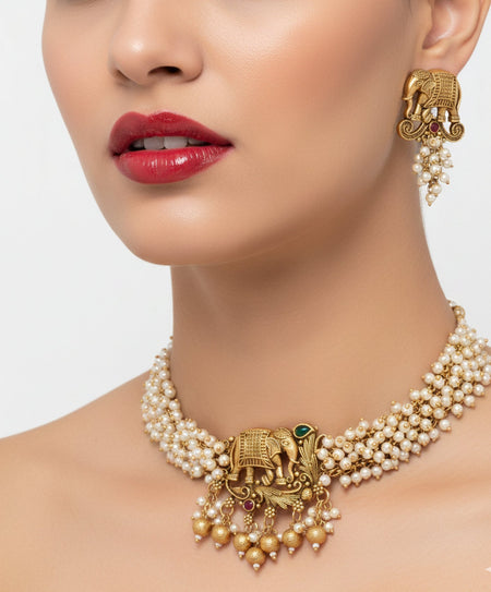 Jewel City Exquisite Handcrafted Elephant Motif White Pearl Jewelry Set - Where Tradition Meets Elegance