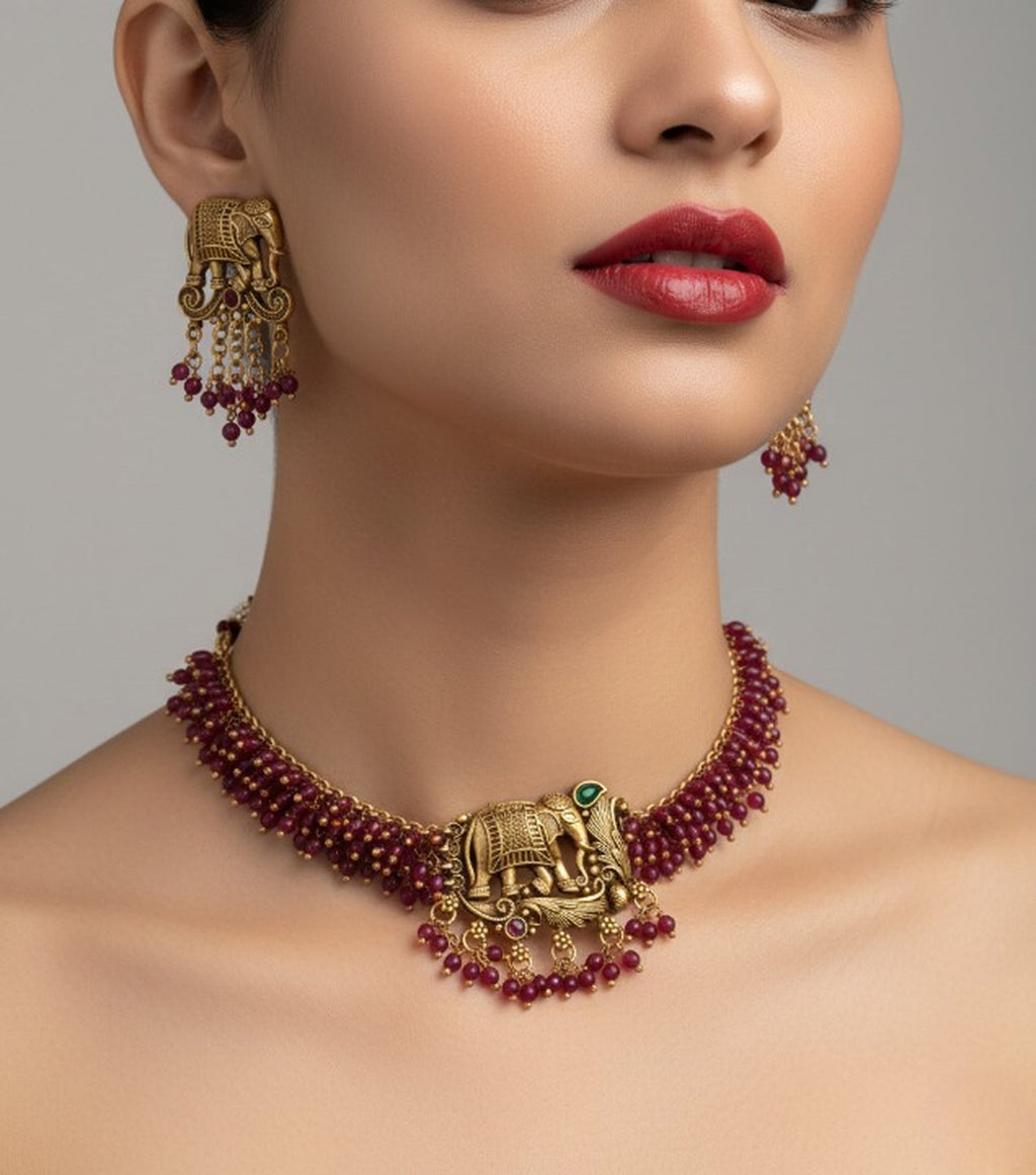 Jewel City Exquisite Handcrafted Elephant Motif Red Beaded Jewelry Set - Where Tradition Meets Elegance