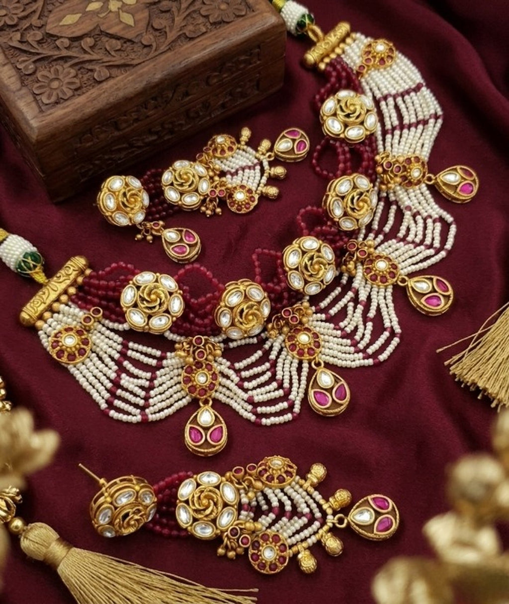 Jewel City Handcrafted Kundan & Ruby Bead Choker Set | Traditional Indian Gold-Plated Bridal Jewelry - Distacart