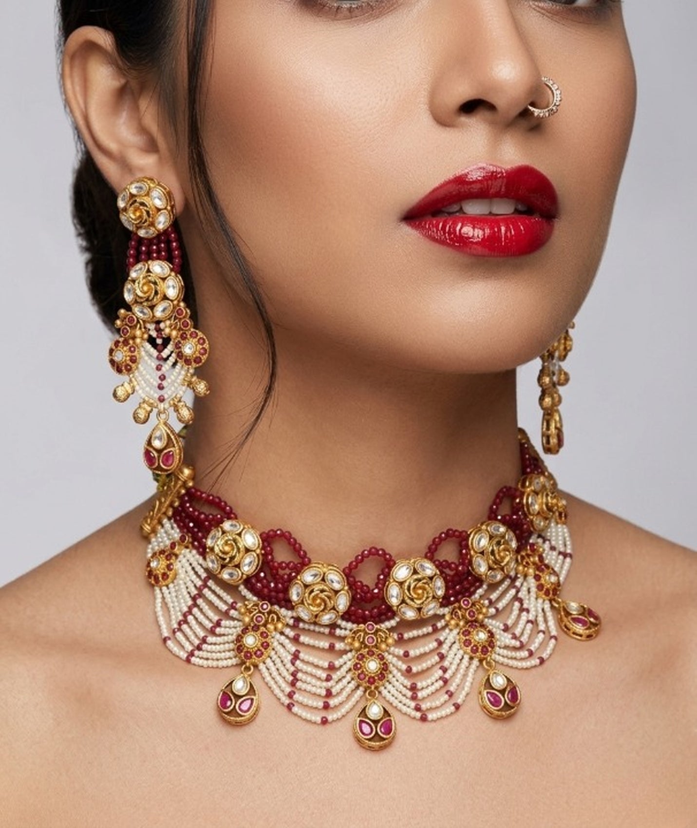 Jewel City Handcrafted Kundan & Ruby Bead Choker Set | Traditional Indian Gold-Plated Bridal Jewelry - Distacart