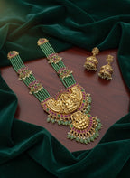 Jewel City Traditional Lakshmi Temple Long Haram Necklace Set for Women | Gold-Plated Pearl, Ruby & Green Stone Bridal Jewellery