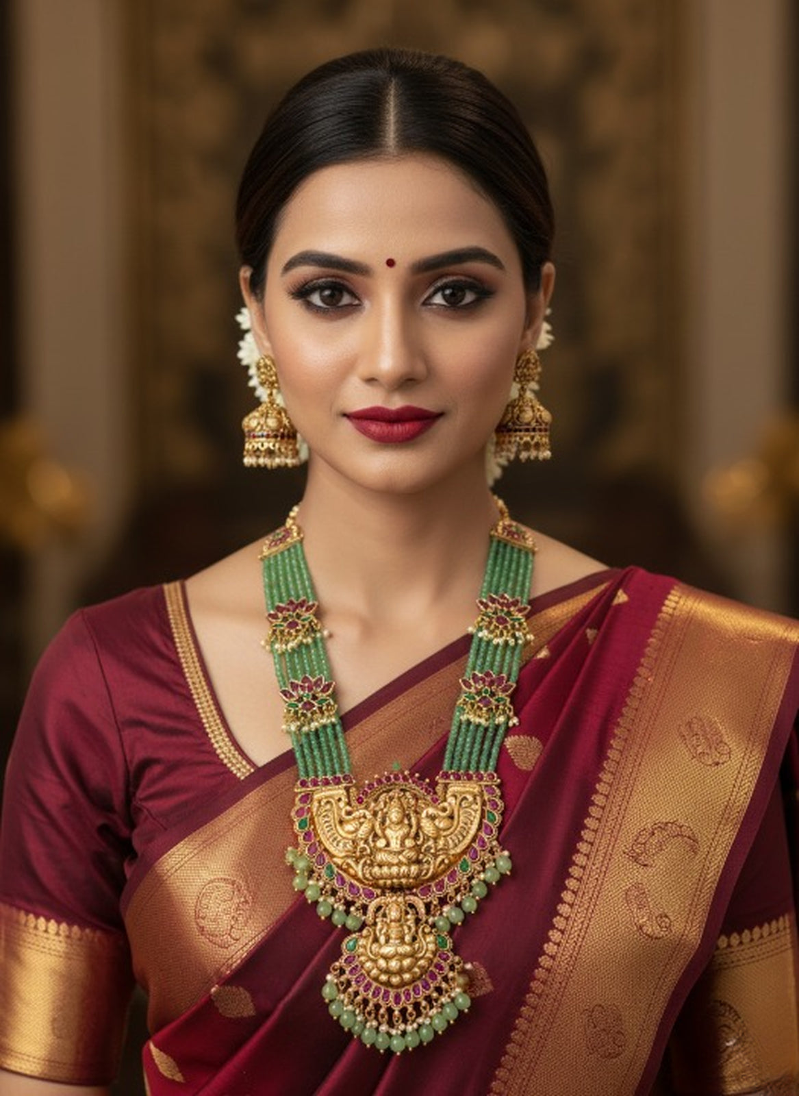 Jewel City Traditional Lakshmi Temple Long Haram Necklace Set for Women | Gold-Plated Pearl, Ruby & Green Stone Bridal Jewellery