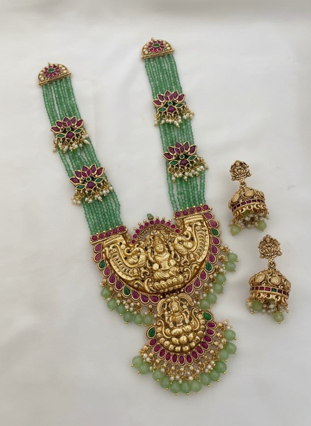 Jewel City Traditional Lakshmi Temple Long Haram Necklace Set for Women | Gold-Plated Pearl, Ruby & Green Stone Bridal Jewellery