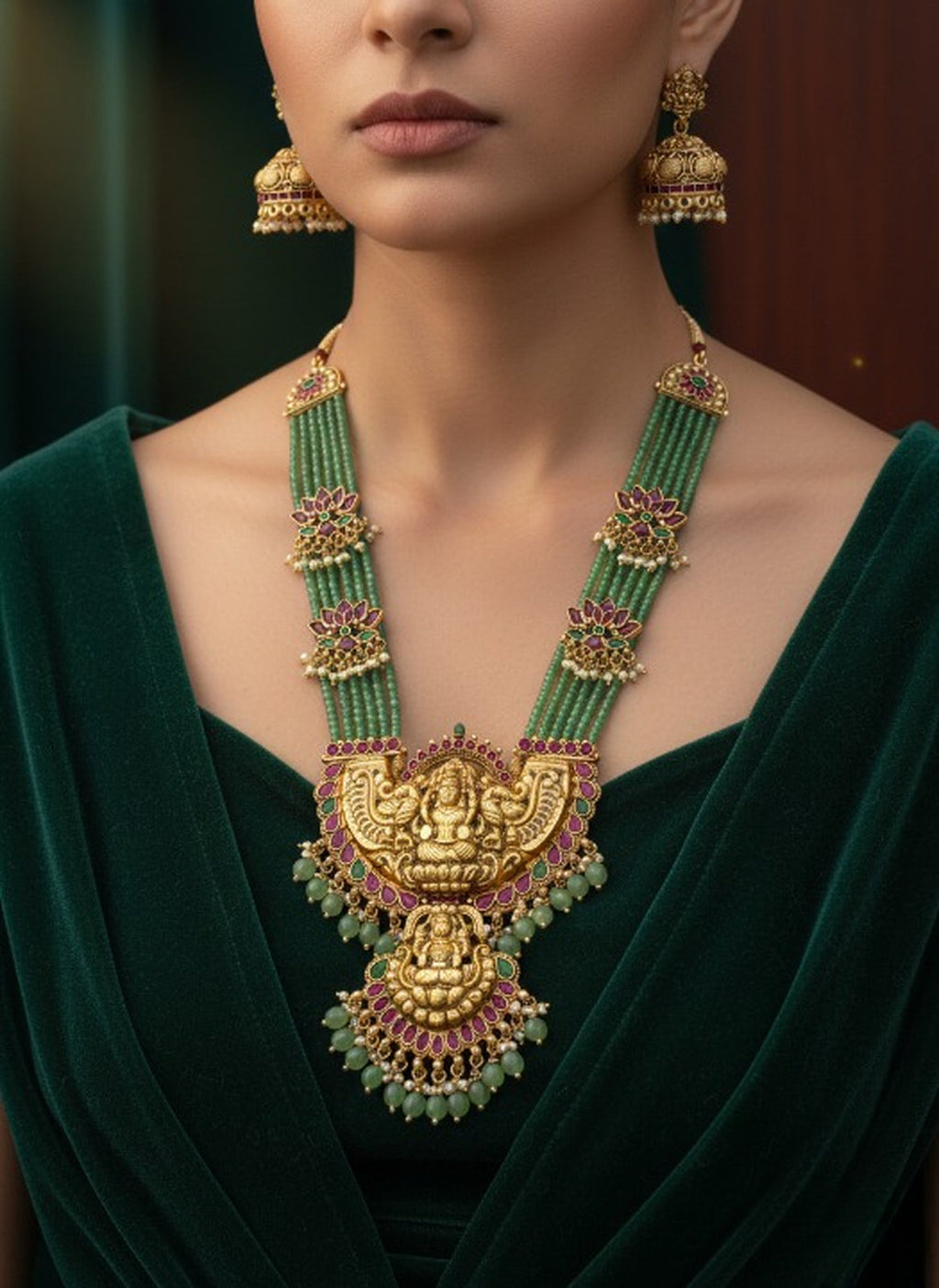 Jewel City Traditional Lakshmi Temple Long Haram Necklace Set for Women | Gold-Plated Pearl, Ruby & Green Stone Bridal Jewellery