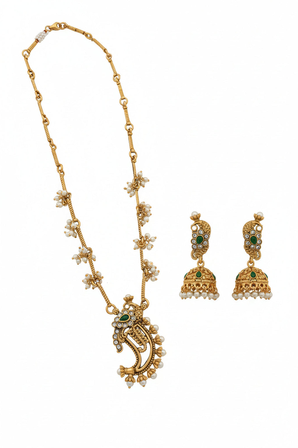 Jewel City Traditional Temple Gold-Plated Peacock Necklace Set with Pearls & Jhumka Earrings