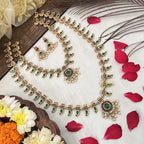 Jewel City Traditional Gold-Plated Green Stone Long Haram Necklace Set for Women & Brides