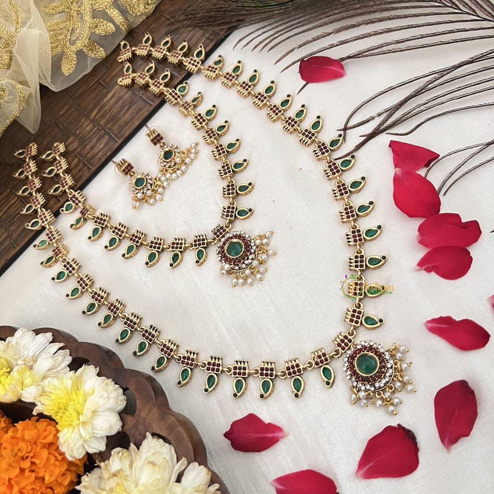 Jewel City Traditional Gold-Plated Green Stone Long Haram Necklace Set for Women & Brides