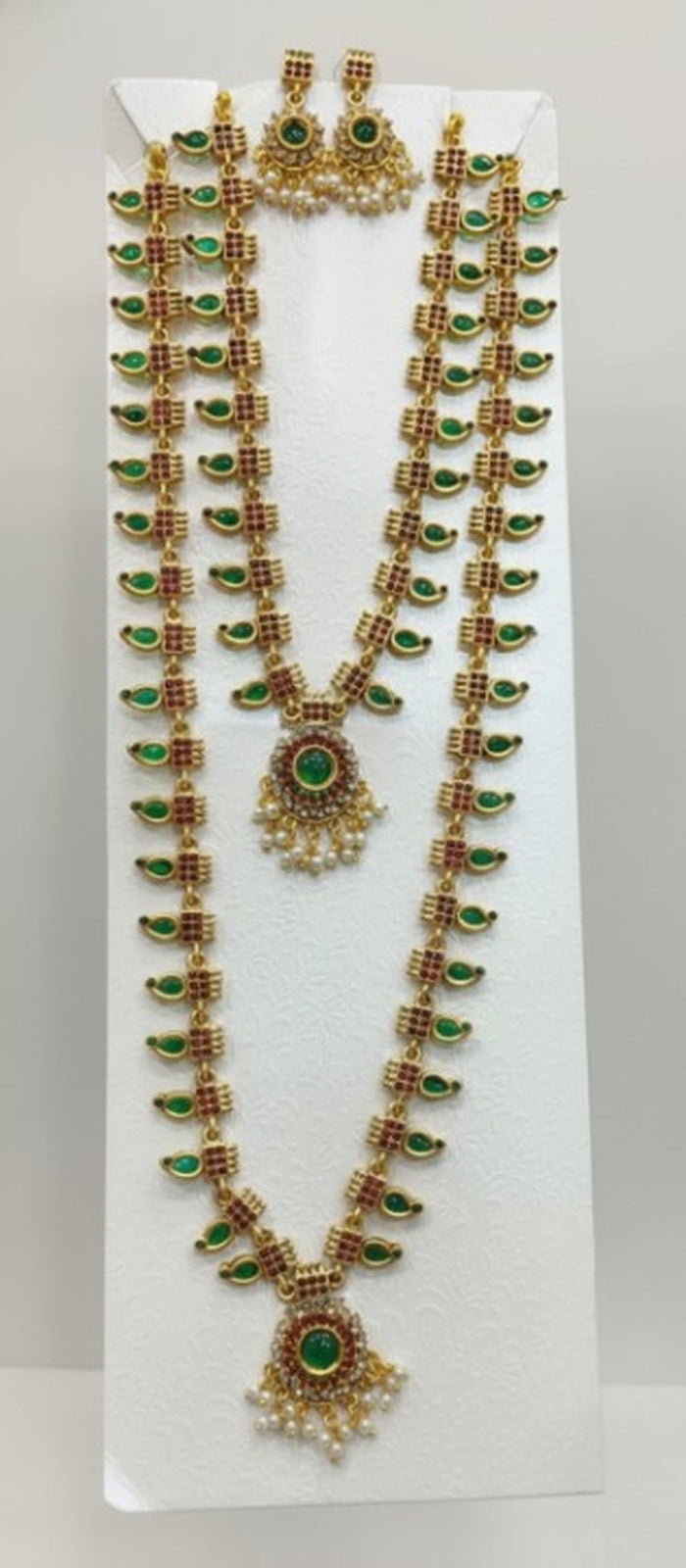 Jewel City Traditional Gold-Plated Green Stone Long Haram Necklace Set for Women & Brides