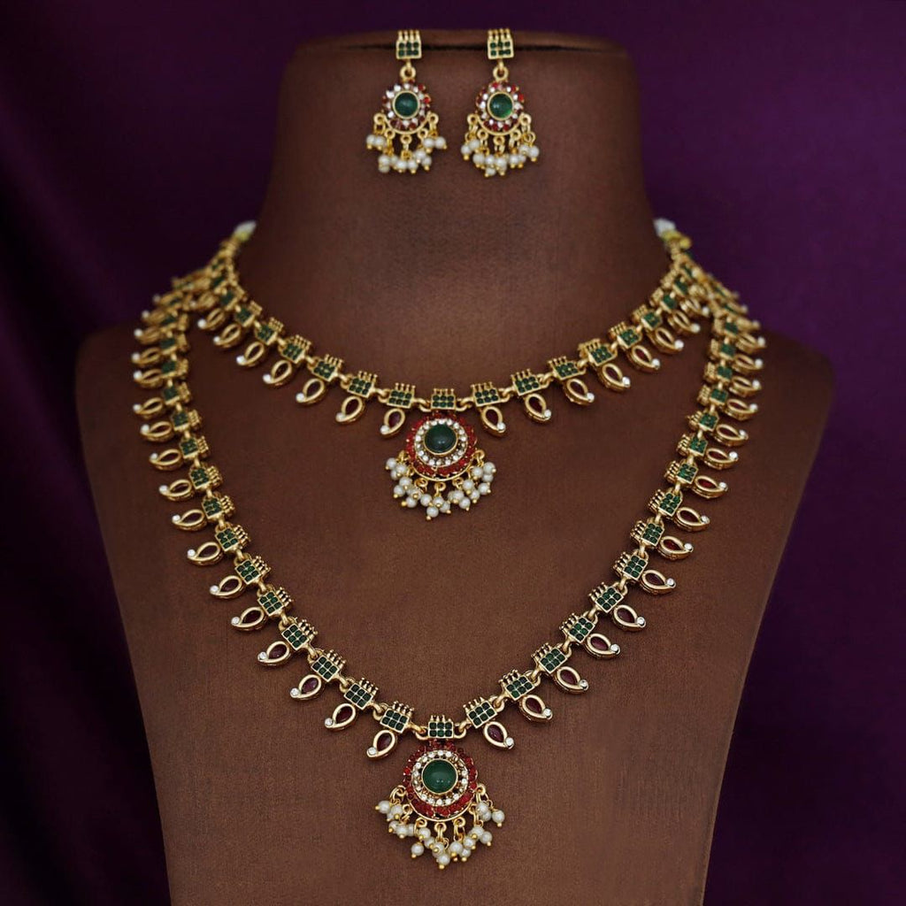 Jewel City Traditional Gold-Plated Green Stone Long Haram Necklace Set for Women & Brides
