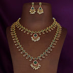 Jewel City Traditional Gold-Plated Green Stone Long Haram Necklace Set for Women & Brides