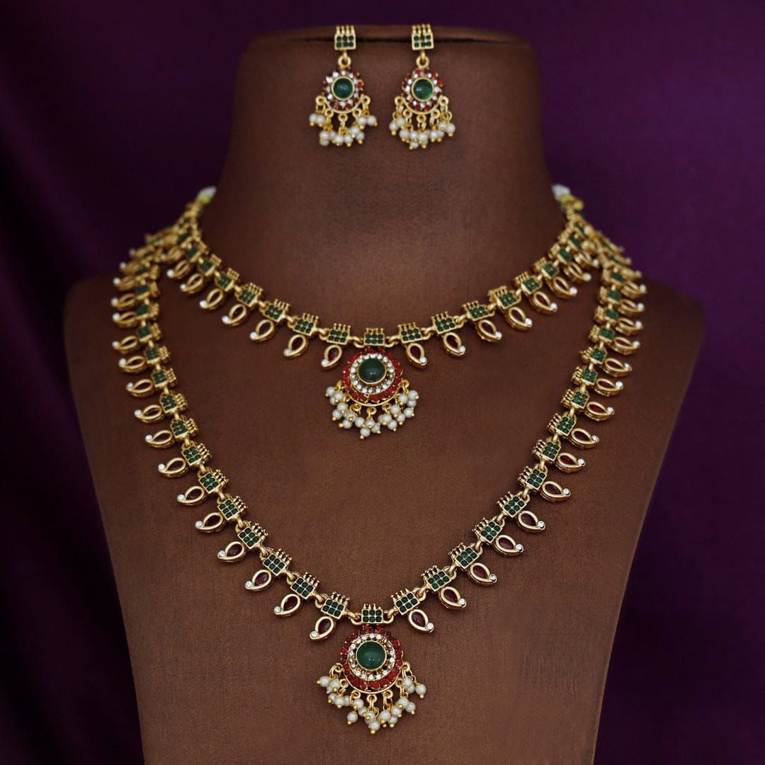 Jewel City Traditional Gold-Plated Green Stone Long Haram Necklace Set for Women & Brides