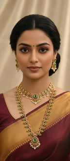 Jewel City Traditional Gold-Plated Green Stone Long Haram Necklace Set for Women & Brides