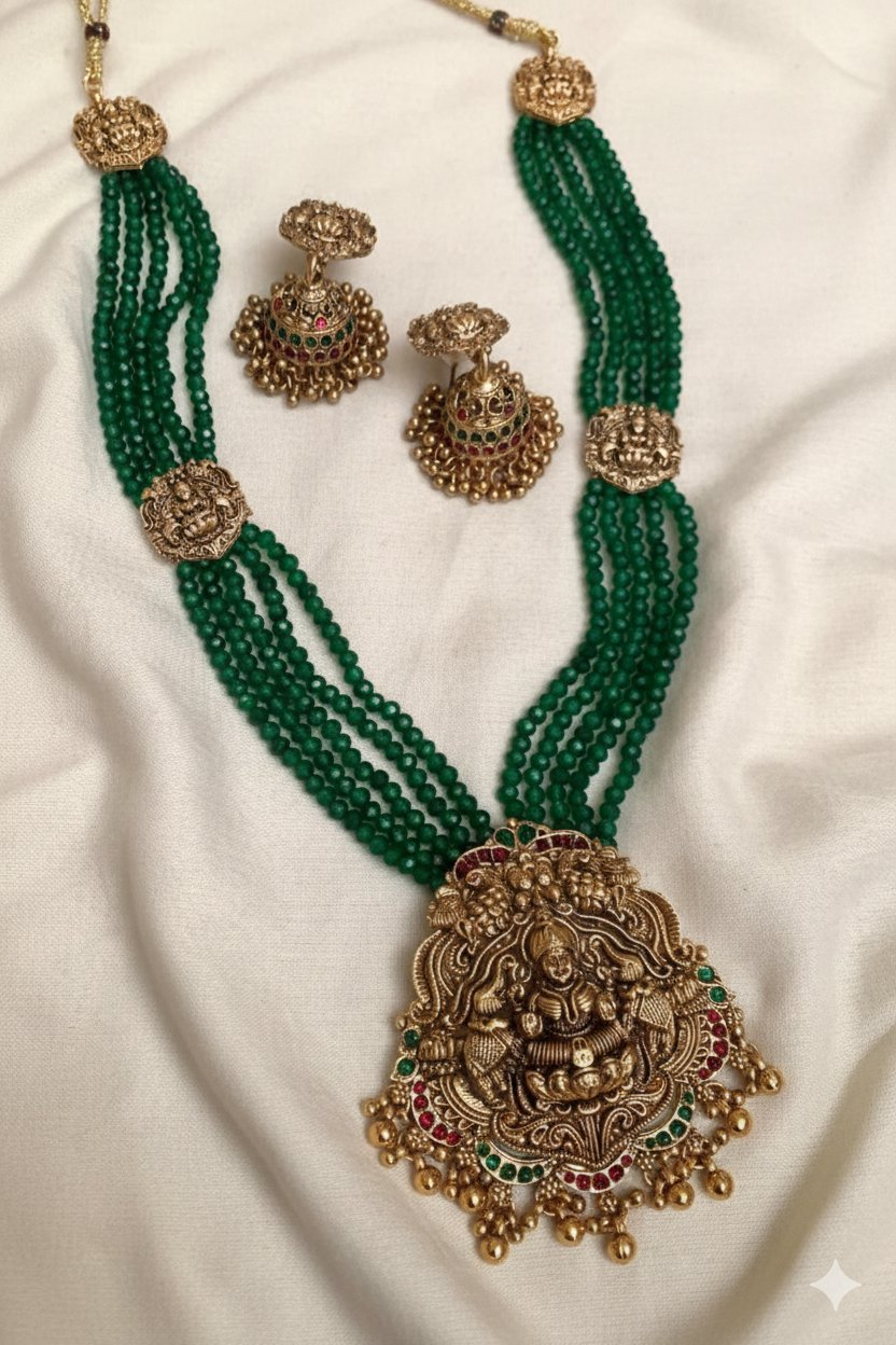 Jewel City Antique Gold-Plated Lakshmi Long Haram Set with Green Beads & Jhumkas – Traditional Temple Jewelry