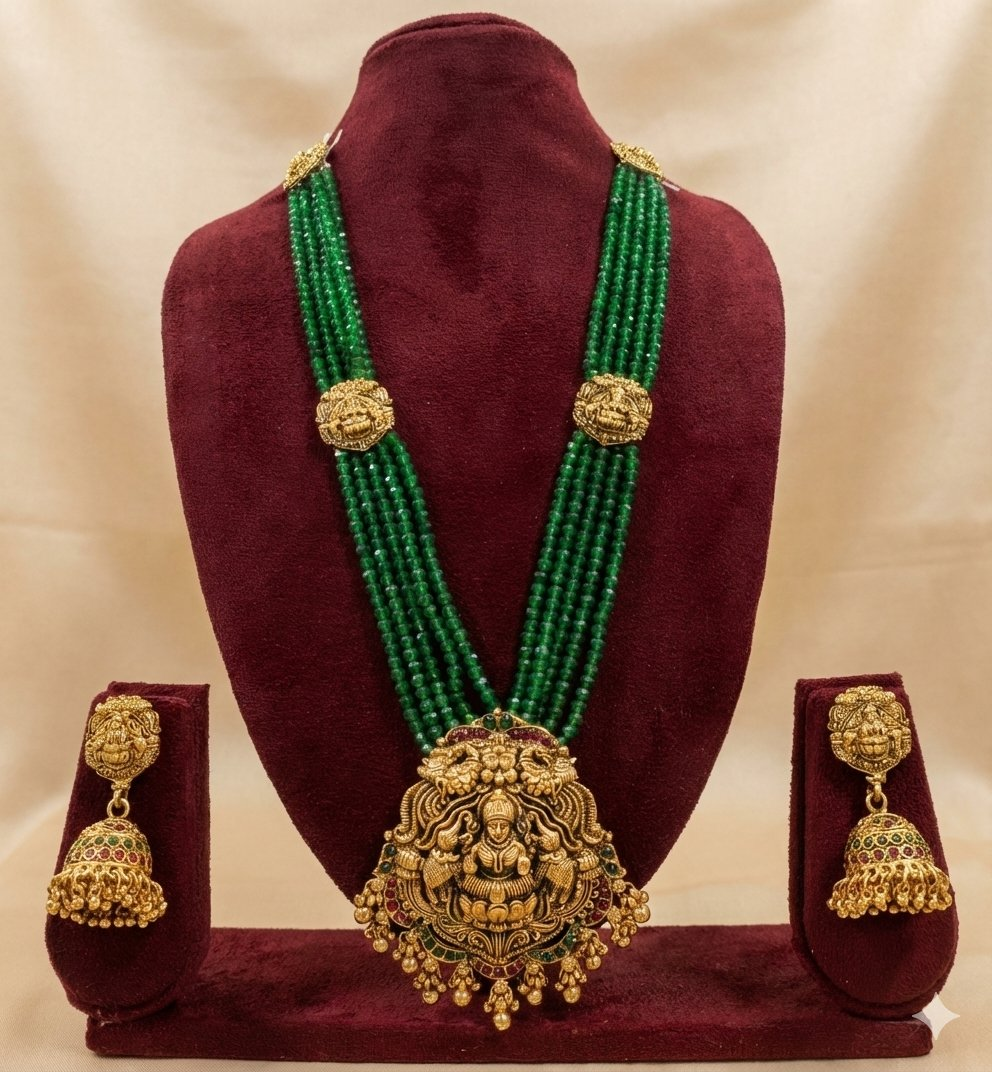 Jewel City Antique Gold-Plated Lakshmi Long Haram Set with Green Beads & Jhumkas – Traditional Temple Jewelry