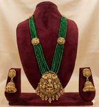 Jewel City Antique Gold-Plated Lakshmi Long Haram Set with Green Beads & Jhumkas – Traditional Temple Jewelry