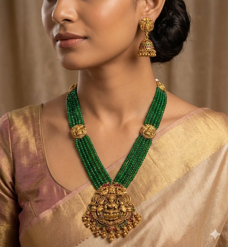 Jewel City Antique Gold-Plated Lakshmi Long Haram Set with Green Beads & Jhumkas – Traditional Temple Jewelry