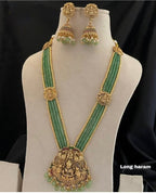 Jewel City Antique Gold-Plated Lakshmi Long Haram Set with Green Beads & Jhumkas – Traditional Temple Jewelry