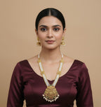 Jewel City Antique Gold-Plated Lakshmi Long Haram Set with White Beads & Jhumkas – Traditional Temple Jewelry