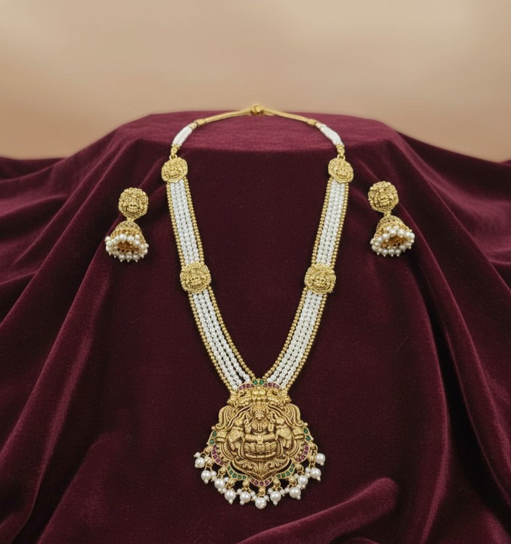 Jewel City Antique Gold-Plated Lakshmi Long Haram Set with White Beads & Jhumkas – Traditional Temple Jewelry