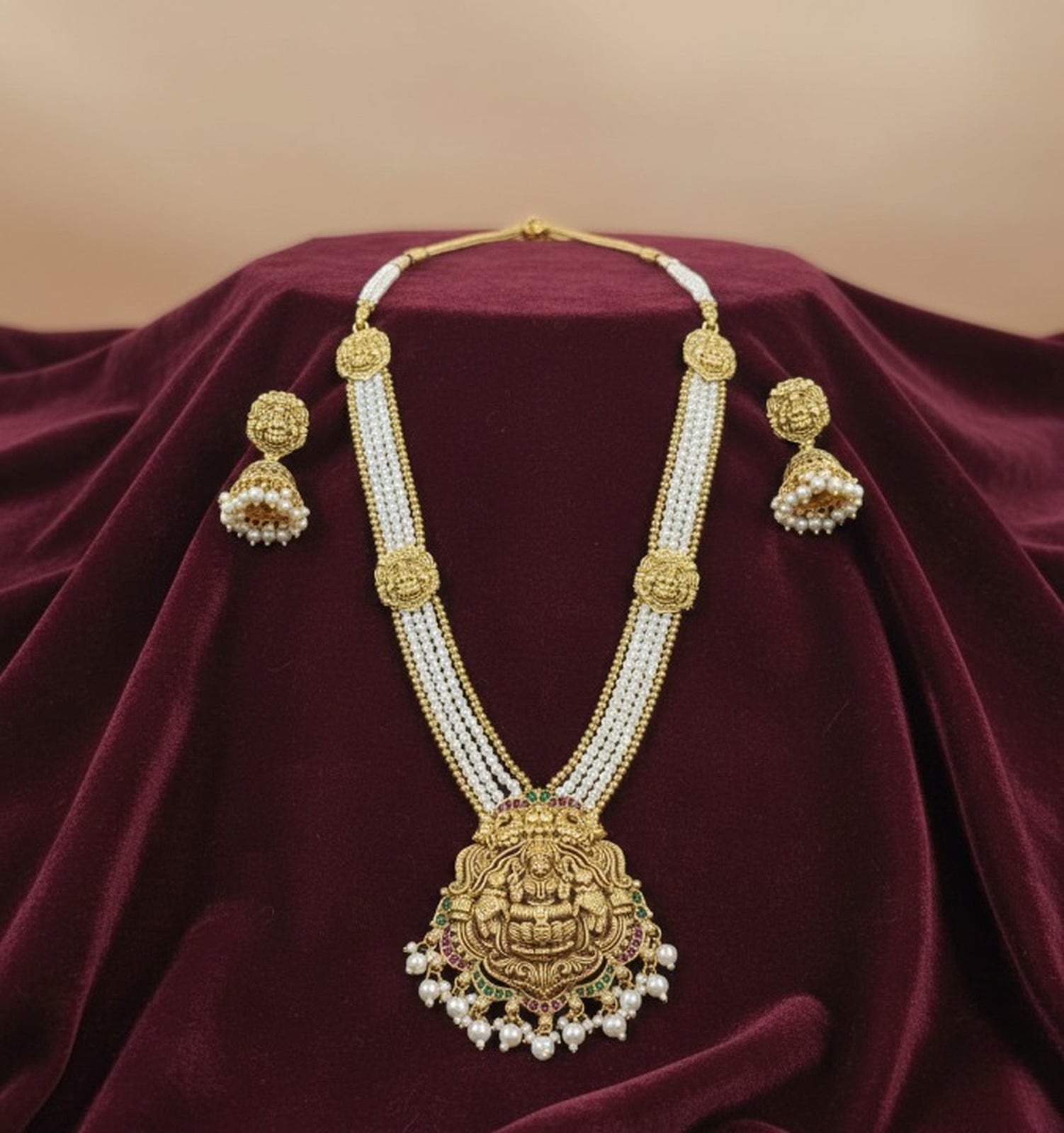 Jewel City Antique Gold-Plated Lakshmi Long Haram Set with White Beads & Jhumkas – Traditional Temple Jewelry