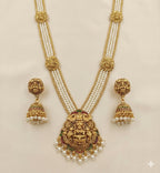 Jewel City Antique Gold-Plated Lakshmi Long Haram Set with White Beads & Jhumkas – Traditional Temple Jewelry