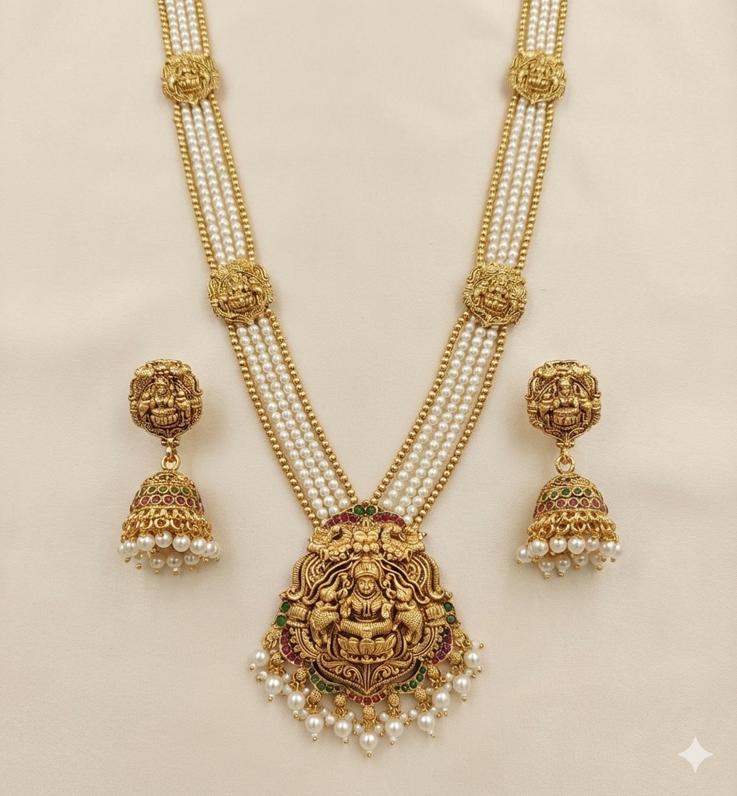 Jewel City Antique Gold-Plated Lakshmi Long Haram Set with White Beads & Jhumkas – Traditional Temple Jewelry