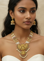 Jewel City Traditional Lakshmi Temple Long Haram Necklace Set for Women | Gold-Plated Pearl, Ruby & Green Stone Bridal Jewellery