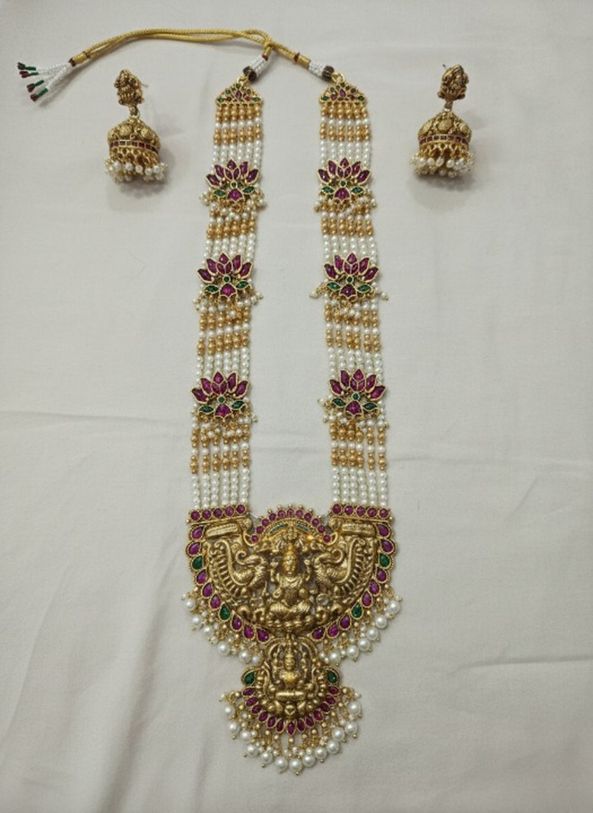 Jewel City Traditional Lakshmi Temple Long Haram Necklace Set for Women | Gold-Plated Pearl, Ruby & Green Stone Bridal Jewellery