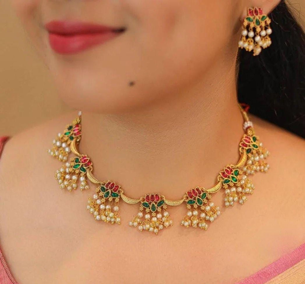 Jewel City Traditional Gold-Plated Lotus Necklace Set with Pearls for Women – Ethnic Wedding & Festive Jewelry