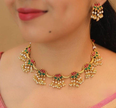 Jewel City Traditional Gold-Plated Lotus Necklace Set with Pearls for Women – Ethnic Wedding & Festive Jewelry