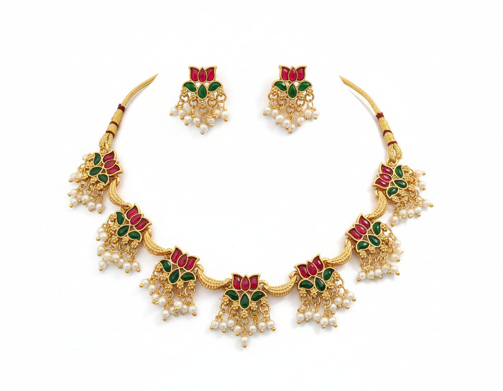 Jewel City Traditional Gold-Plated Lotus Necklace Set with Pearls for Women – Ethnic Wedding & Festive Jewelry