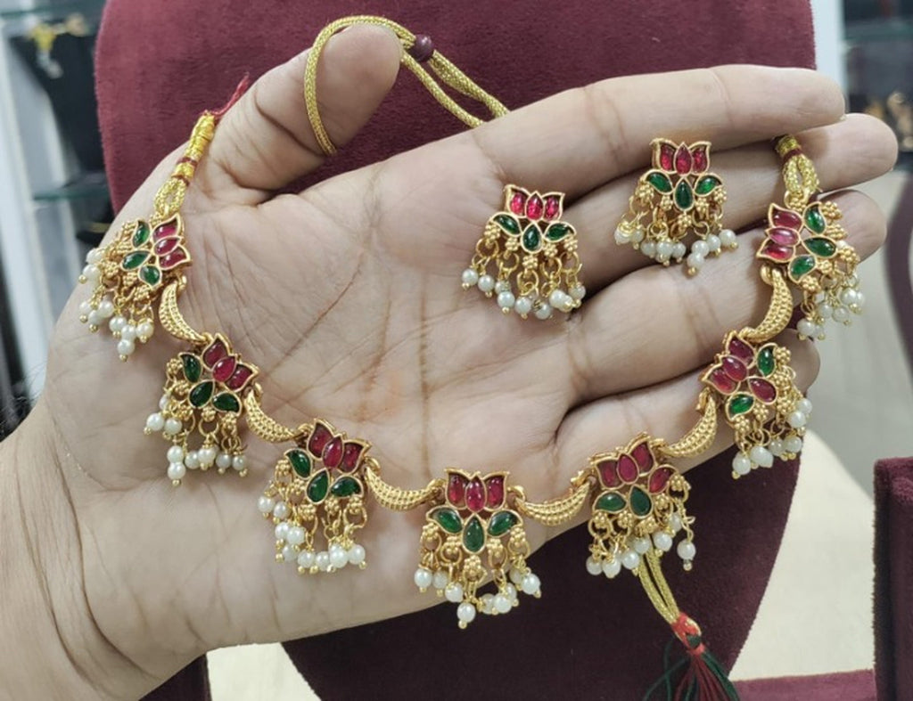 Jewel City Traditional Gold-Plated Lotus Necklace Set with Pearls for Women – Ethnic Wedding & Festive Jewelry