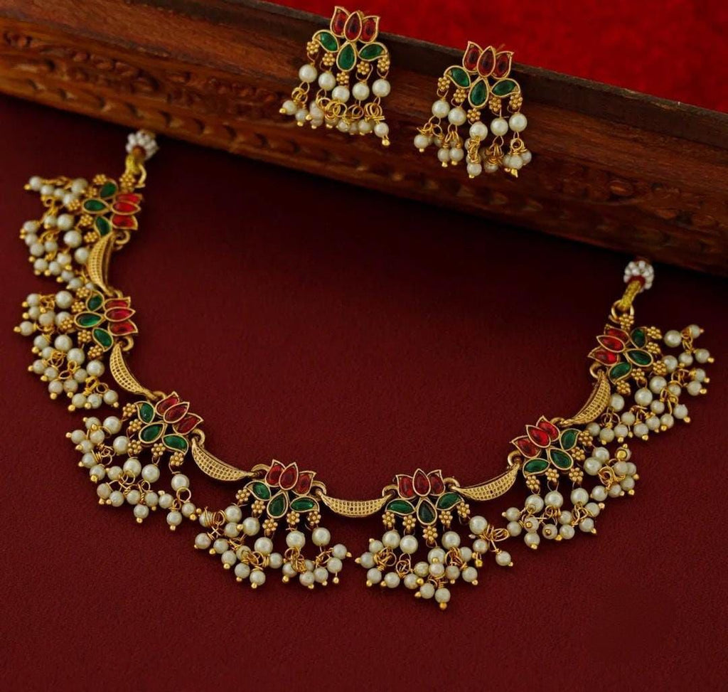 Jewel City Traditional Gold-Plated Lotus Necklace Set with Pearls for Women – Ethnic Wedding & Festive Jewelry