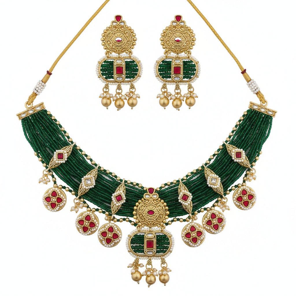 Jewel City Handcrafted Emerald Green Polki Necklace And Earrings Set