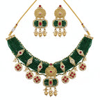 Jewel City Handcrafted Emerald Green Polki Necklace And Earrings Set