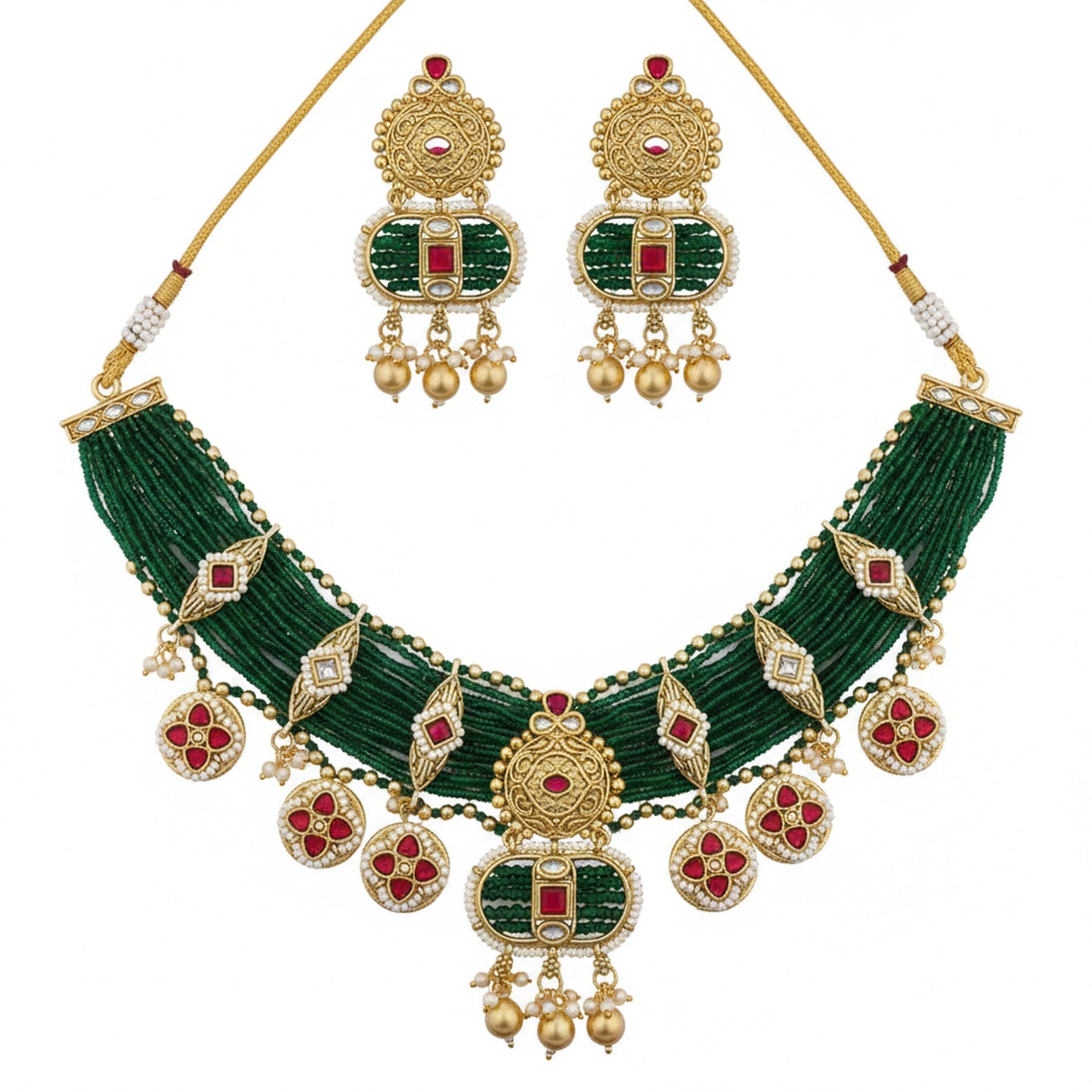 Jewel City Handcrafted Emerald Green Polki Necklace And Earrings Set