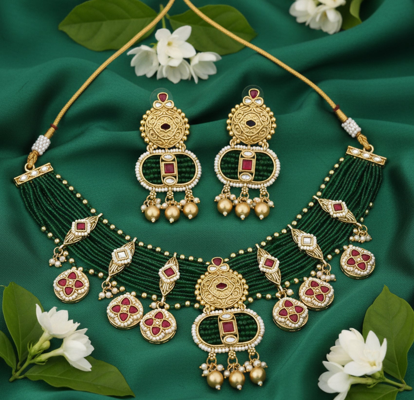 Jewel City Handcrafted Emerald Green Polki Necklace And Earrings Set