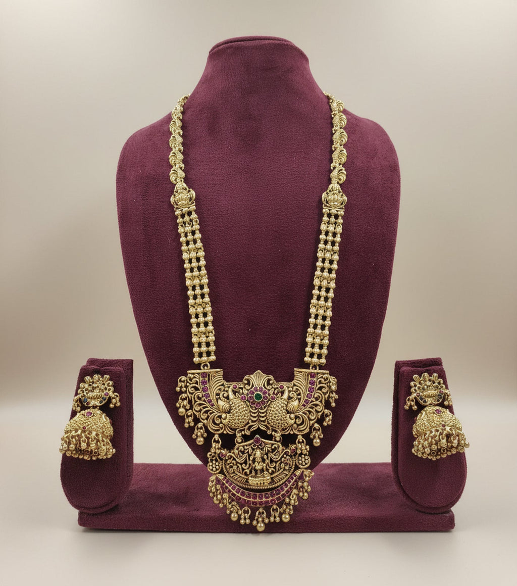 Jewel City Traditional Temple Lakshmi Long Necklace Set with Jhumka Earrings | Gold-Plated Bridal Jewellery