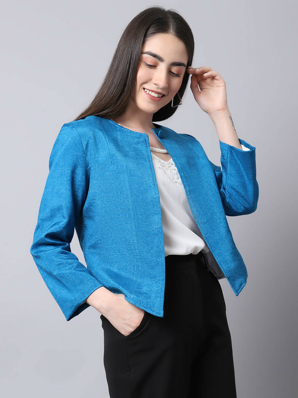 Even Apparels Blue 100% Viscose Open Front Statement Women's Jacket - Distacart