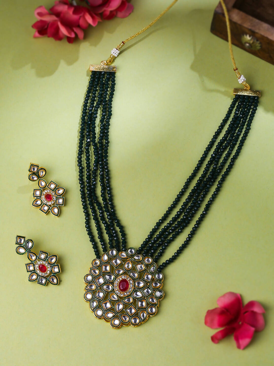 NVR Women Gold-Polished Kundan Studded Jewellery Set