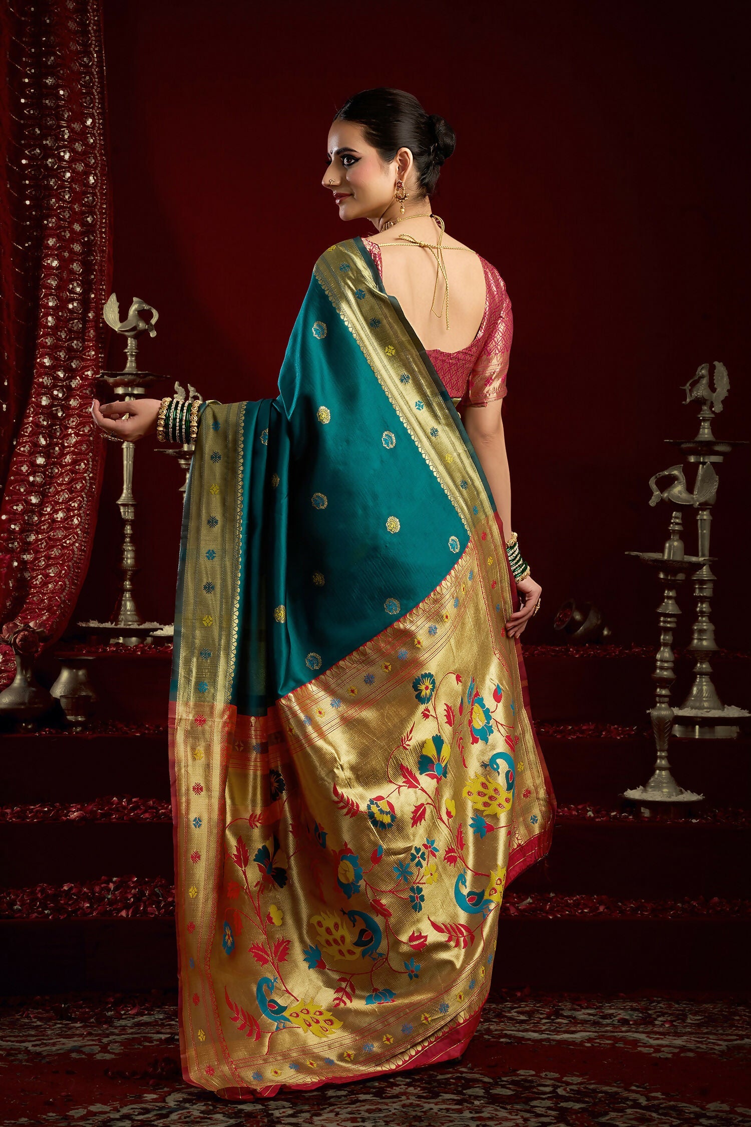 Joban Fashion Teal Paithani Silk Blend Butti Saree - Distacart