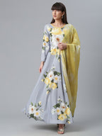 Ahalyaa Rayon Grey Digital Print Kurta With Dupatta Set